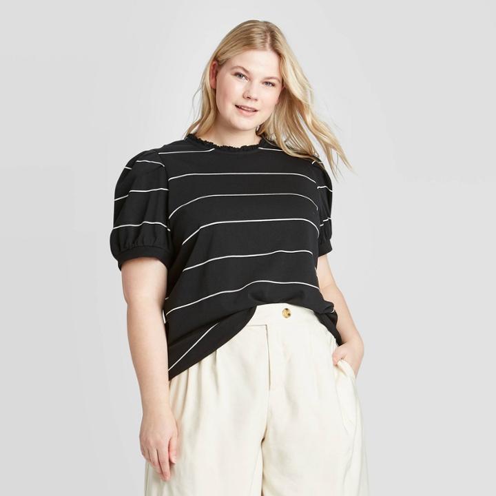 Women's Plus Size Striped Short Sleeve Cowl Neck T-shirt - Who What Wear Black/white 1x, Women's,