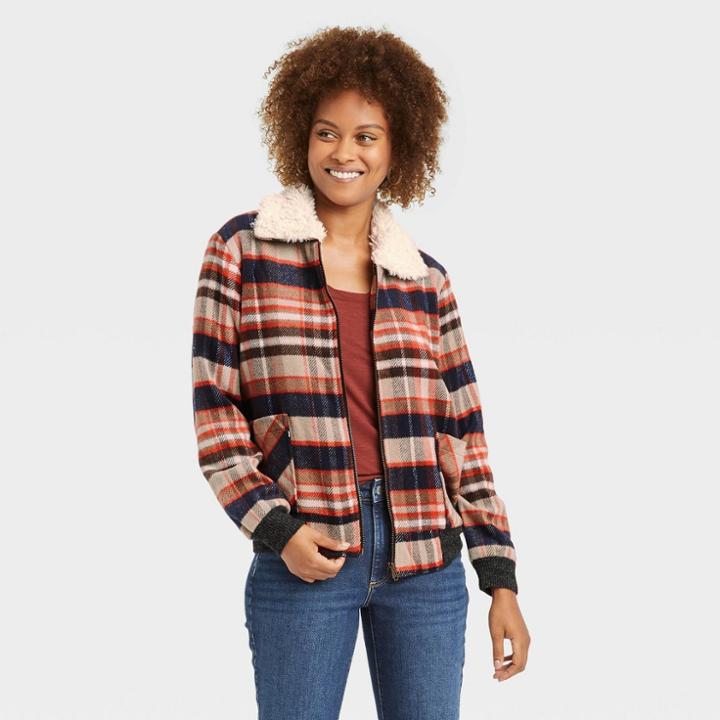 Women's Zip-front Sherpa Jacket - Knox Rose Navy Plaid