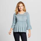 Women's 3/4 Sleeve Eyelet Lace Inset Knit To Woven Tiered Blouse - Knox Rose Teal