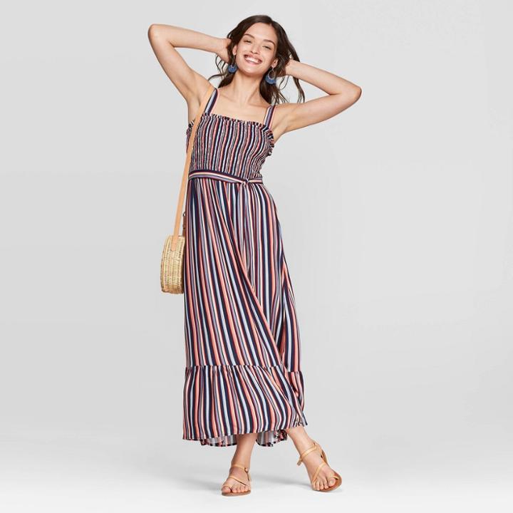 Women's Striped Sleeveless Square Neck Stripe Shoulder-tie Maxi Dress - Universal Thread Blue Xxl, Multicolored Blue