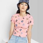 Women's Short Sleeve Fitted T-shirt - Wild Fable Pink Butterfly Print