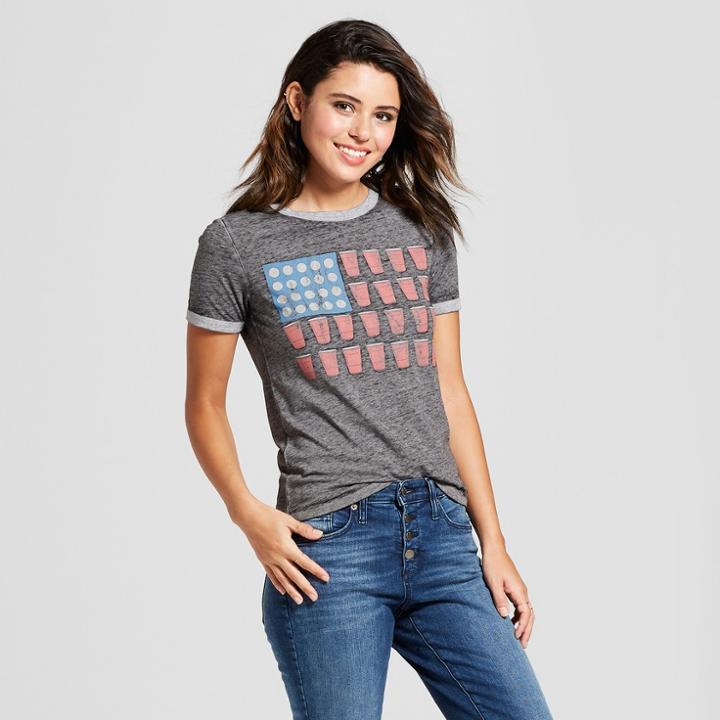 Women's Beer Pong Flag Short Sleeve Ringer Graphic T-shirt - Zoe+liv Charcoal