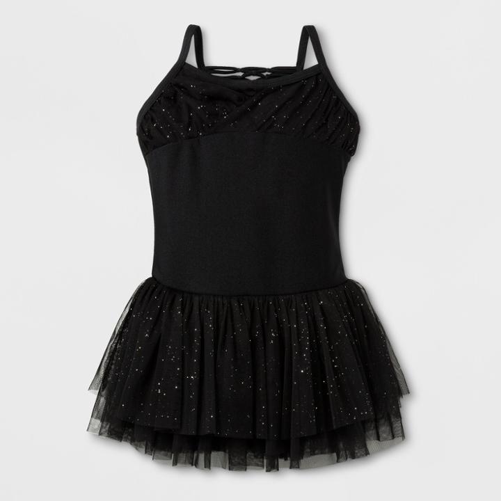 Danshuz Toddler Girls' Camisole Activewear Dress With Pleated Glitter Chiffon Yoke And Triple Layer Glitter Skirt - Black 2-4,