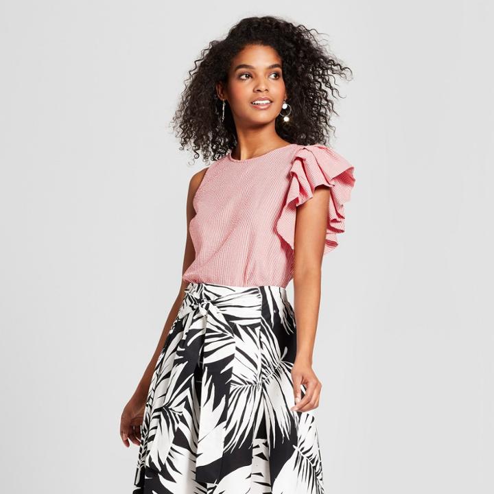 Women's Striped Ruffle Sleeve Asymmetrical Shell - Who What Wear Red/white M, Red/white