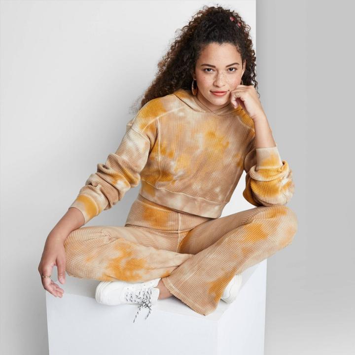 Women's Cropped Waffle Hoodie - Wild Fable Brown Tie-dye