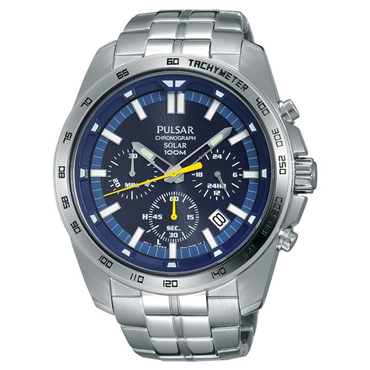 Men's Pulsar Solar Chronograph - Silver Tone With Blue Dial Pz5001