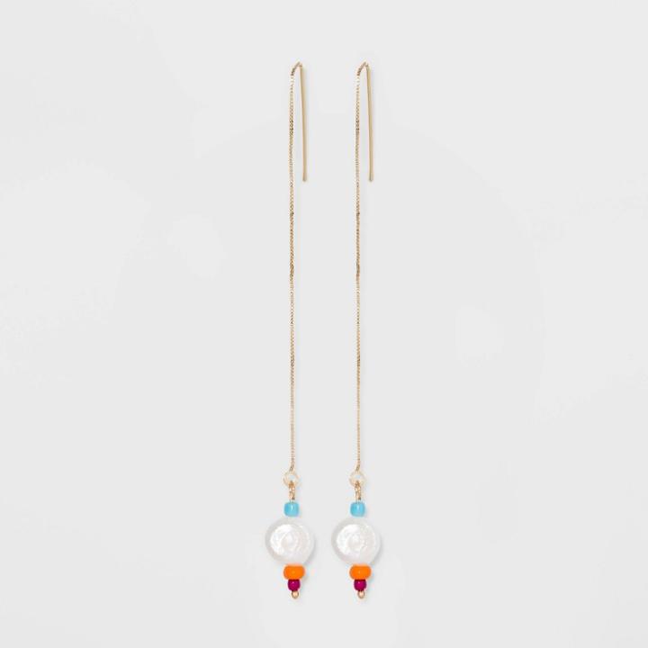 Shiny Gold With Seed Beaded And Freshwater Pearl Chain Threader Earrings - Wild Fable Gold, Gold/white