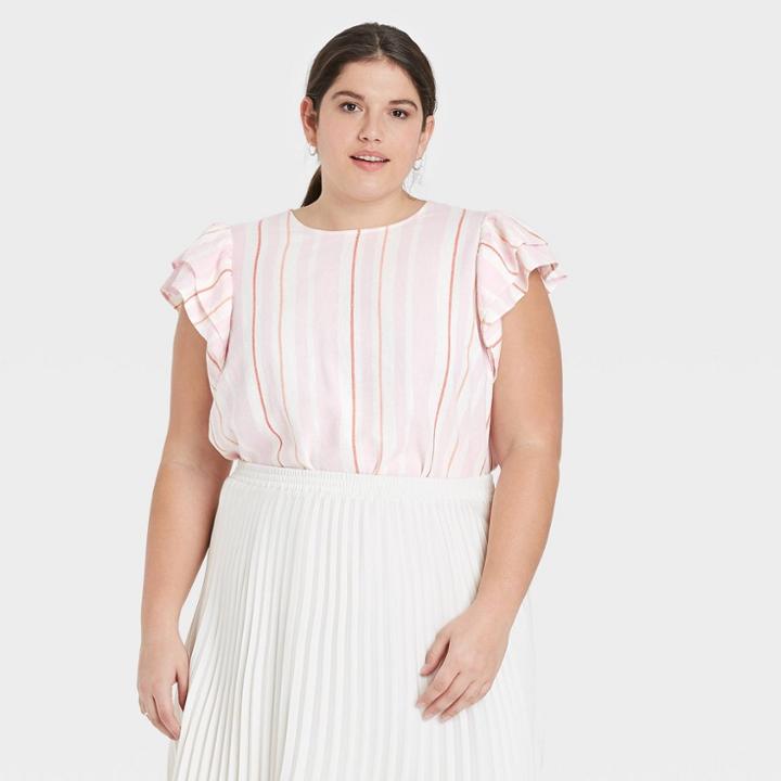 Women's Plus Size Multi Striped Ruffle Short Sleeve Linen Top - A New Day Pink