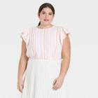 Women's Plus Size Multi Striped Ruffle Short Sleeve Linen Top - A New Day Pink