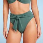 Women's Crepe Textured Tie-front High Waist High Leg Extra Cheeky Bikini Bottom - Shade & Shore Cactus Green