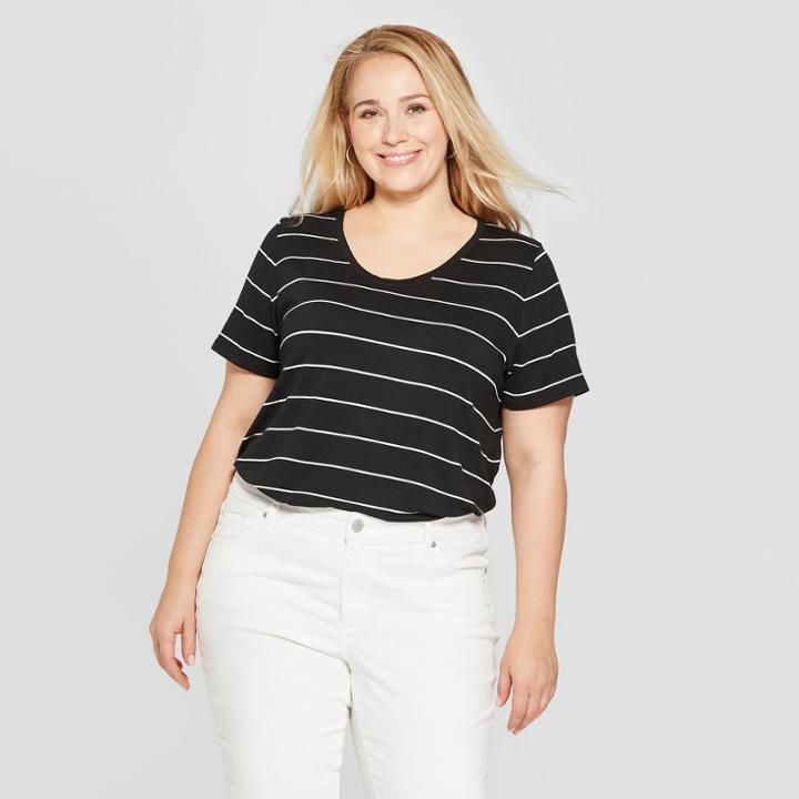 Women's Plus Size Striped Short Sleeve Scoop Neck Relaxed T-shirt - Ava & Viv Black/white