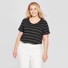 Women's Plus Size Striped Short Sleeve Scoop Neck Relaxed T-shirt - Ava & Viv Black/white