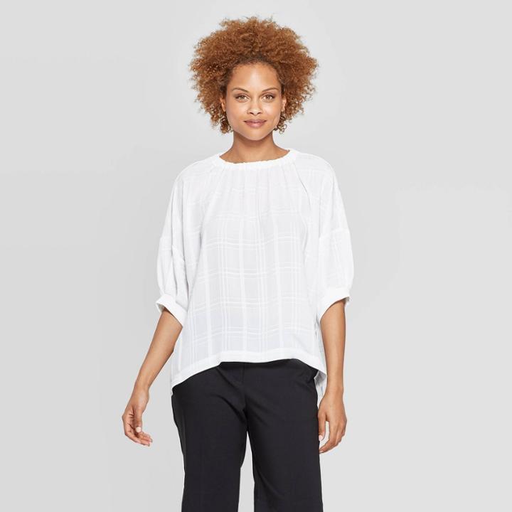 Target Women's Elbow Sleeve Elastic Crewneck Blouse - Prologue White