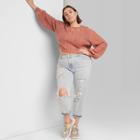 Women's Plus Size Floral Print Crewneck Embroidered Cropped Cable Knit Pullover Sweater - Wild Fable
