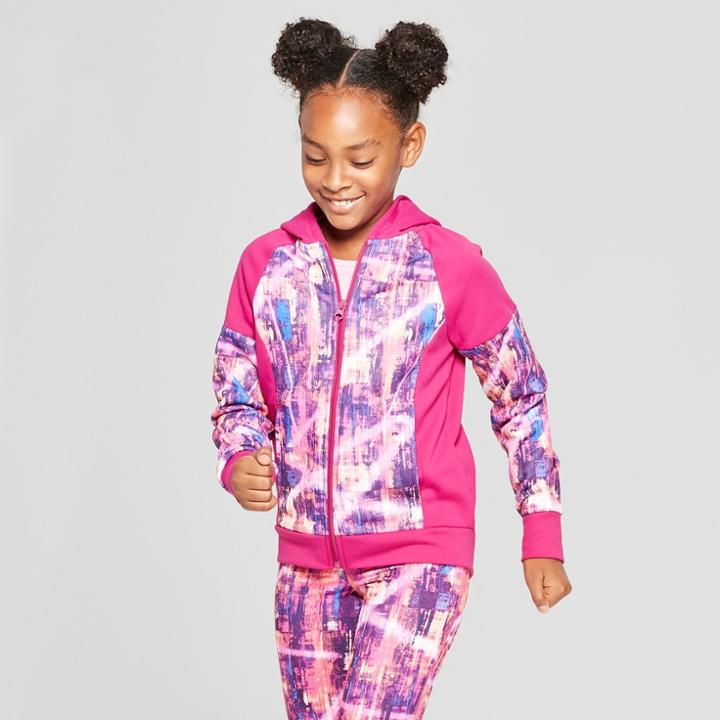 Girls' Printed Tech Fleece Full Zip Hoodie - C9 Champion Magenta (pink) Rainbow Paint Strokes Print