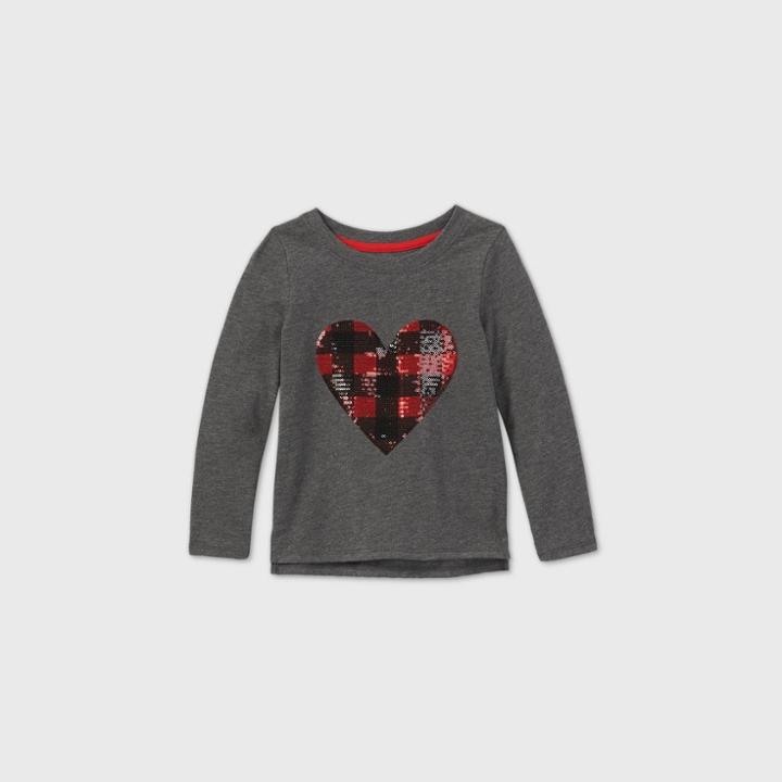 Toddler Girls' Flip Sequin Checkered Heart Long Sleeve T-shirt - Cat & Jack Gray
