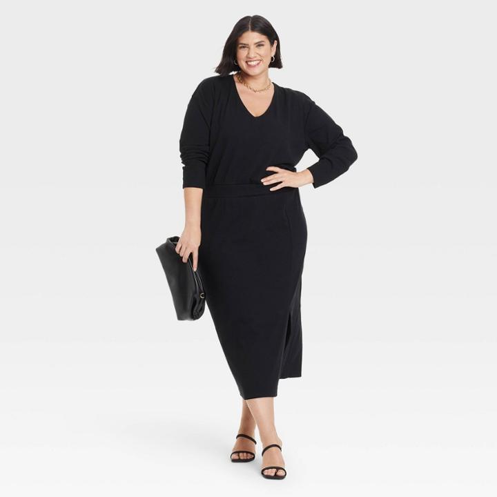 Women's Plus Size Long Sleeve Lounge Shift Dress - Ava & Viv Black X