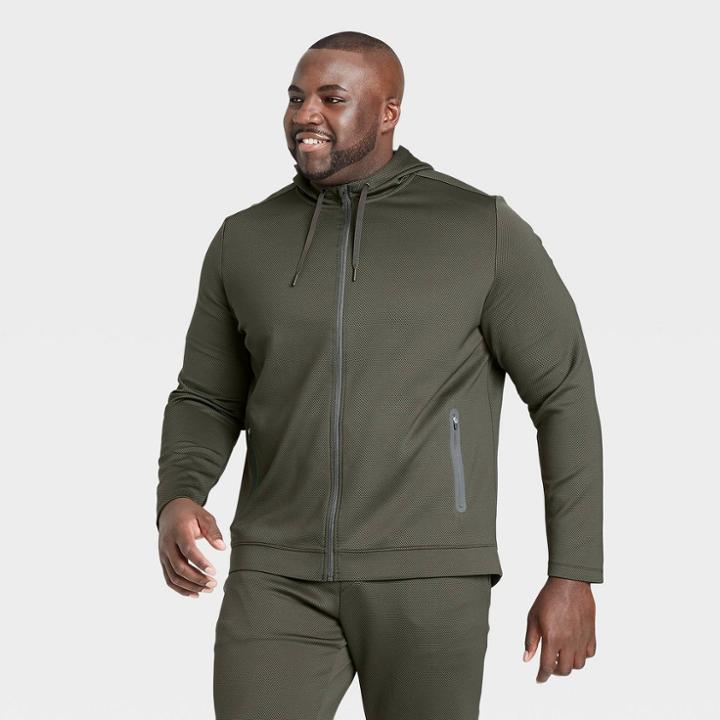 Men's Textured Fleece Premium Full-zip Hoodie - All In Motion Olive Green S, Men's, Size: Small, Green Green