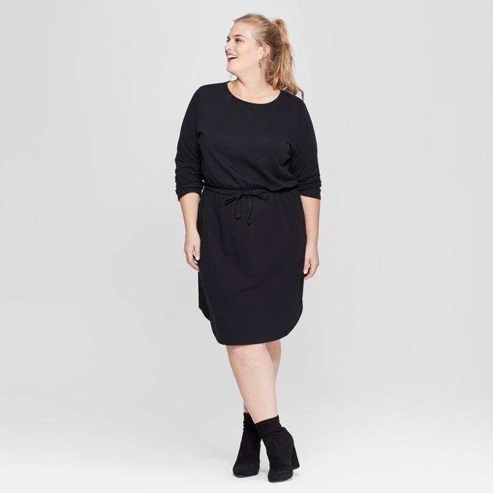 Women's Plus Size Tie Waist Knit Dress - Ava & Viv Black