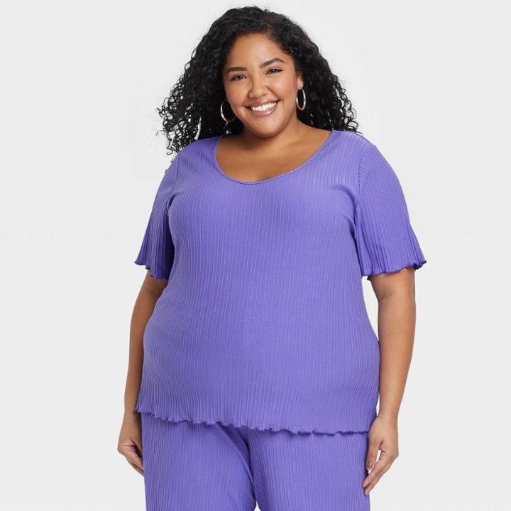 Women's Plus Size Short Sleeve Scoop Neck Ribbed T- Shirt - Ava & Viv Purple X