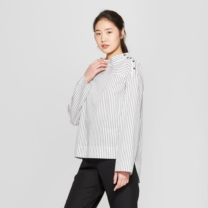 Women's Striped Long Sleeve Shoulder Button Popover Blouse - Who What Wear White/black Xxl, White/black