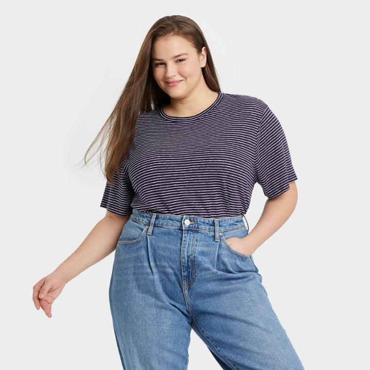 Women's Plus Size Striped Short Sleeve Linen T-shirt - A New Day Navy/cream