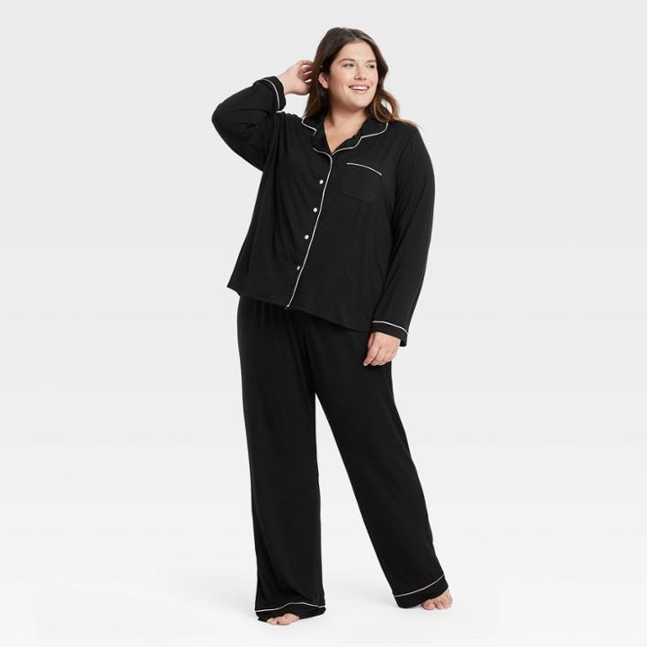 Women's Plus Size Beautifully Soft Long Sleeve Notch Collar Top And Pants Pajama Set - Stars Above Black