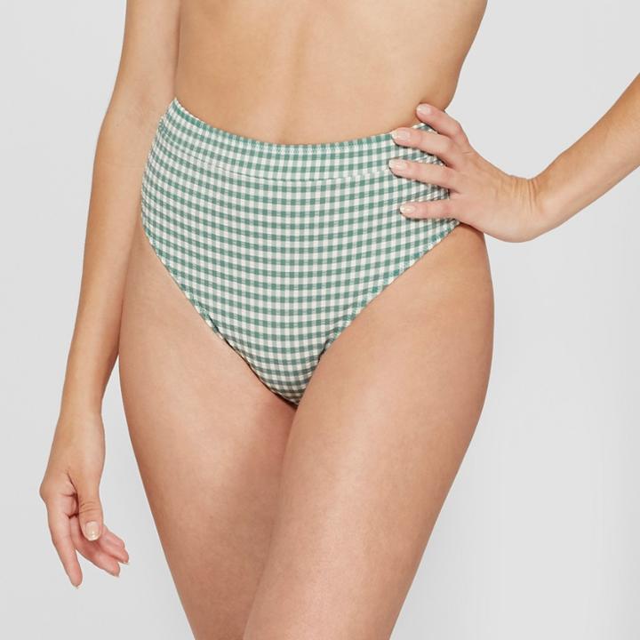 Women's Paradise High Waist High Leg Seersucker Bikini Bottom - Shade & Shore Sage Gingham