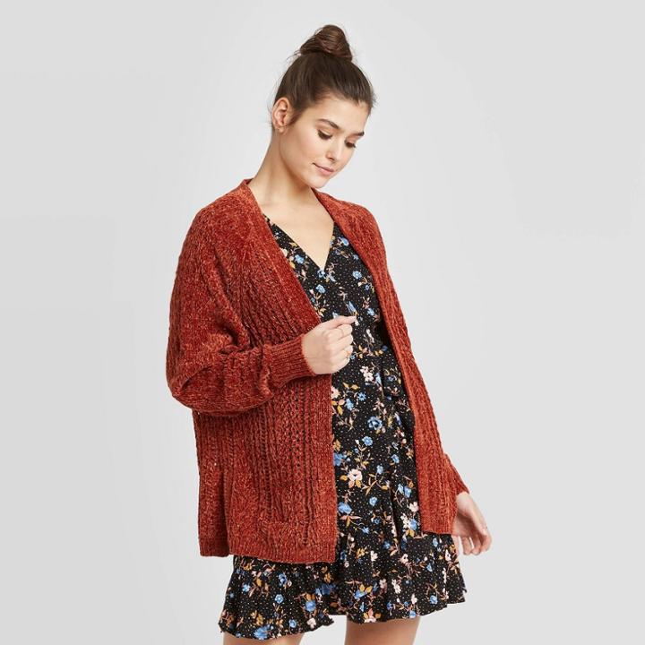 Women's Long Sleeve Open Stitch Chenille Cardigan - Xhilaration Red Xs/s, Women's,
