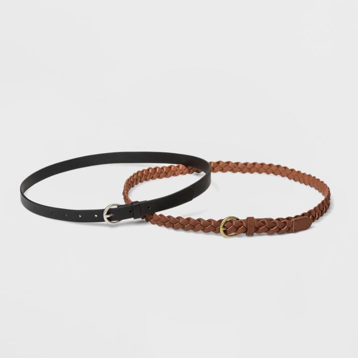 Women's 2pk Belt - Universal Thread Braid/smooth Xl, Black Brown