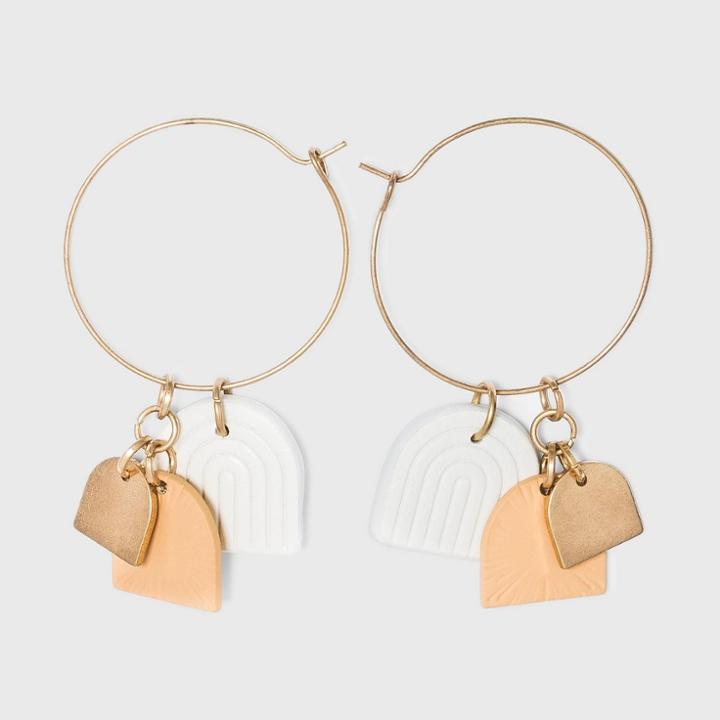 Embossed Vegan Leather And Sprayed Half Moon Shape Charm Hoop Earrings - Universal Thread Ivory