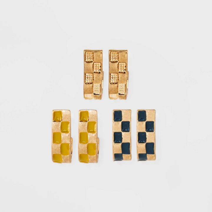 Checkerboard J Hoop Earring Set 3pc - Universal Thread Green/black/gold
