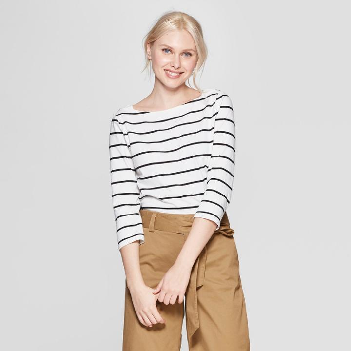 Women's Striped 3/4 Sleeve Boat Neck Top - A New Day Cream/black (ivory/black)