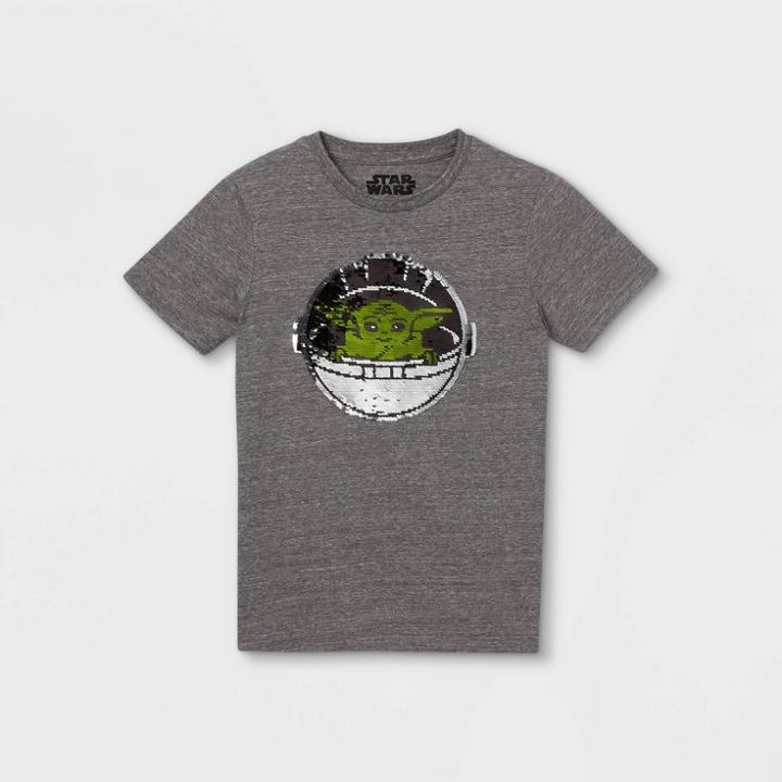 Boys' Star Wars Baby Yoda Flip Sequin Short Sleeve Graphic T-shirt - Charcoal Gray