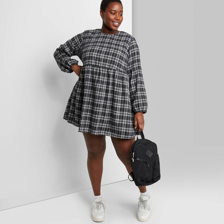 Women's Plus Size Plaid Long Sleeve Woven Babydoll Dress - Wild Fable Gray