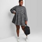 Women's Plus Size Plaid Long Sleeve Woven Babydoll Dress - Wild Fable Gray
