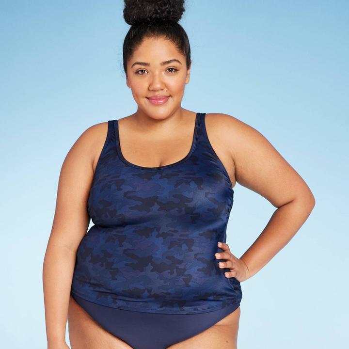 Women's Plus Size Scoop Neck Tankini Top - All In Motion Navy Camo 14w, Women's, Blue