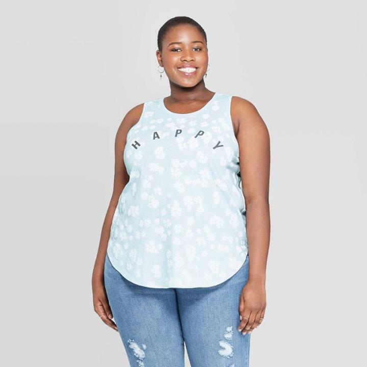 Mad Engine Women's Plus Size Sleeveless Flower Happy Graphic Tank Top - Doe (juniors') -