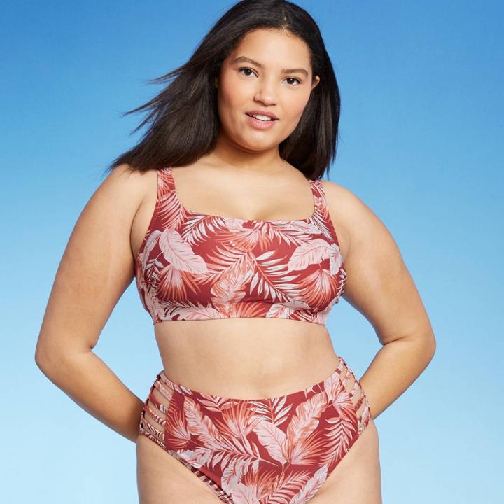 Juniors' Plus Size Bralette Bikini Top - Xhilaration Clay Tropical Print 14w, Red/orange/pink