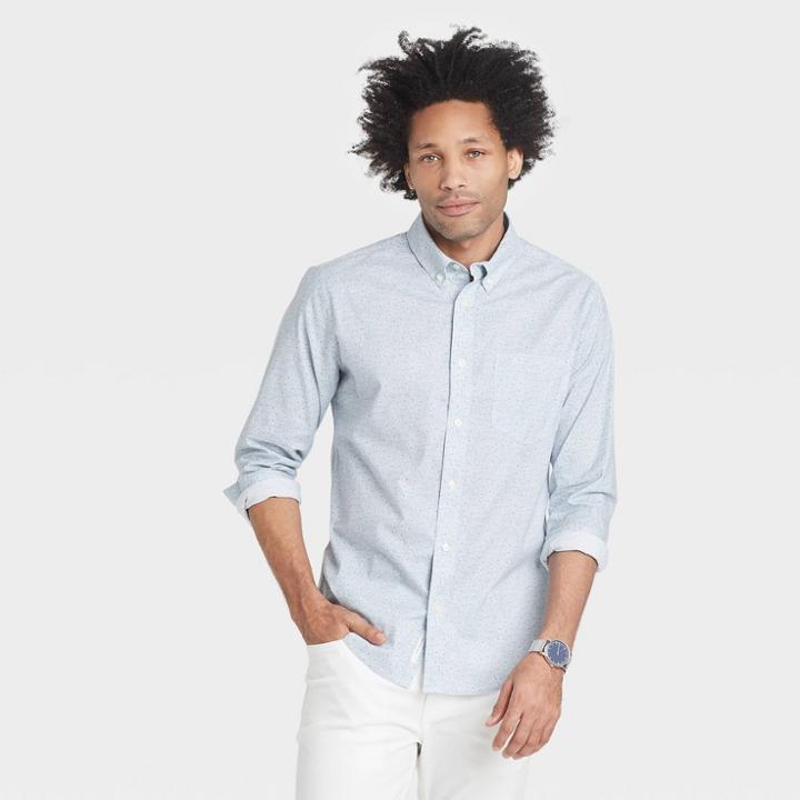 Men's Floral Print Standard Fit Stretch Poplin Long Sleeve Button-down Shirt - Goodfellow & Co