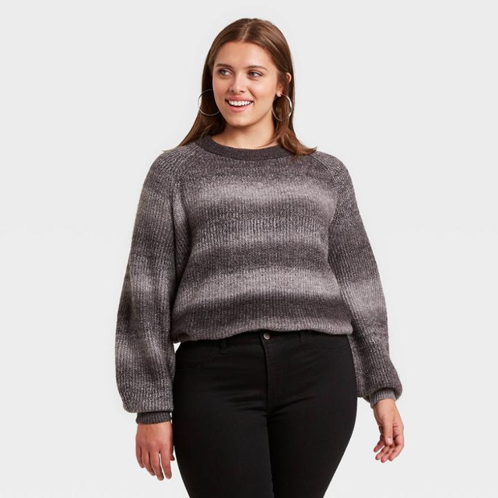 Women's Plus Size Crewneck Ombre Pullover Sweater - Ava & Viv Black X