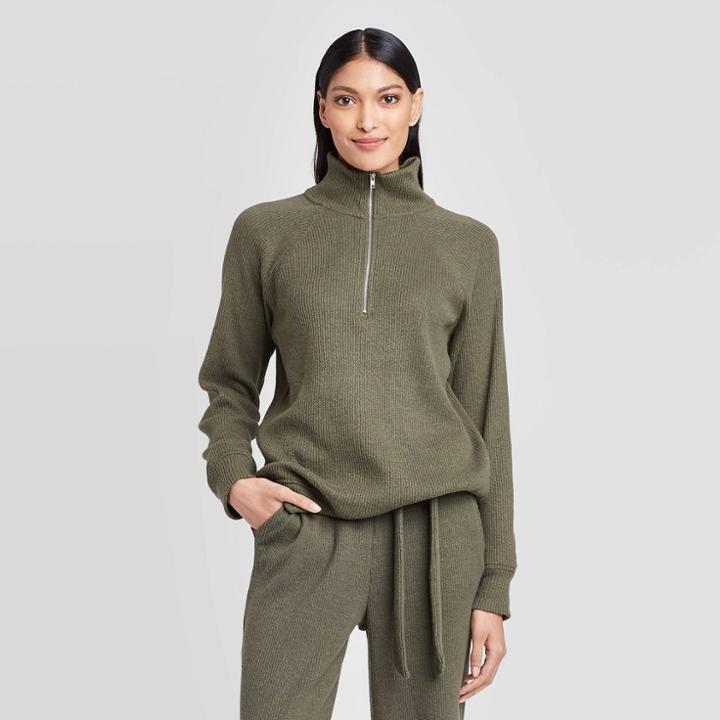 Women's Long Sleeve Turtleneck Cozy Half Zip Sweatshirt - Who What Wear Green
