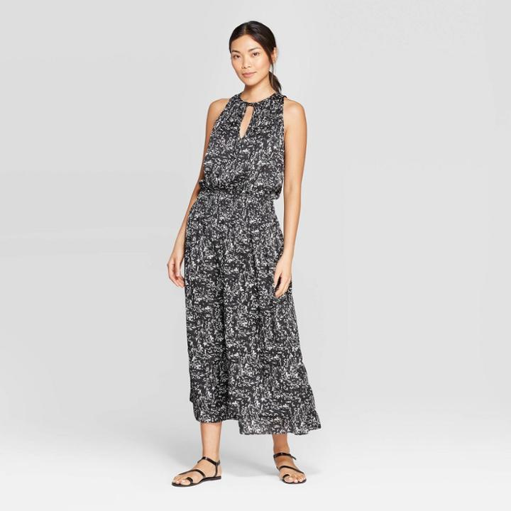 Women's Printed Sleeveless Halter Neck Smocking Maxi Dress - Prologue Black