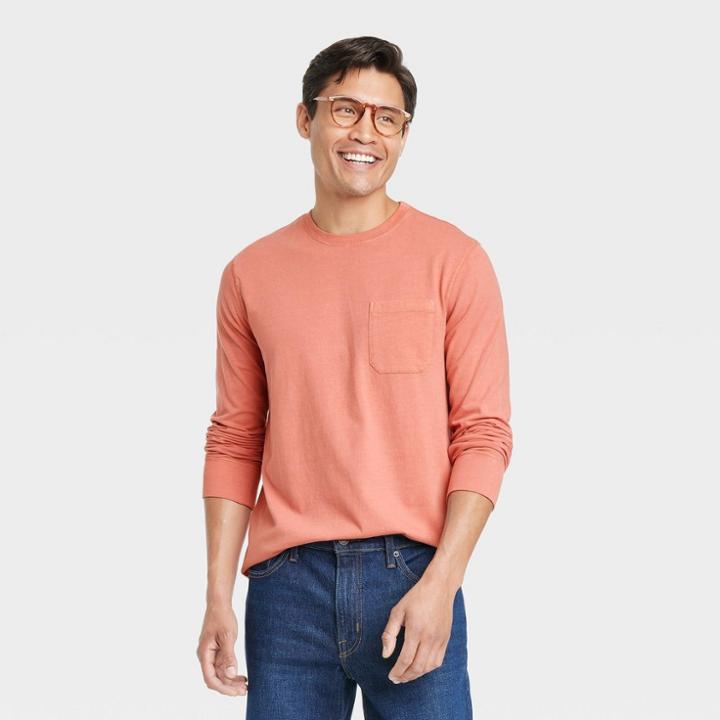 Men's Long Sleeve Garment Dyed Pocket T-shirt - Goodfellow & Co Rose Red