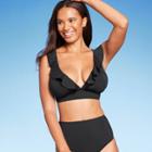 Women's Ruffled V-neck Longline Triangle Bikini Top - Shade & Shore Black D/dd Cup