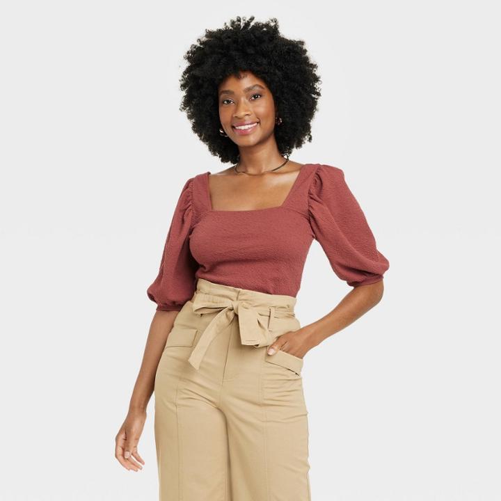 Women's Puff Elbow Sleeve Top - A New Day Brown