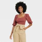 Women's Puff Elbow Sleeve Top - A New Day Brown