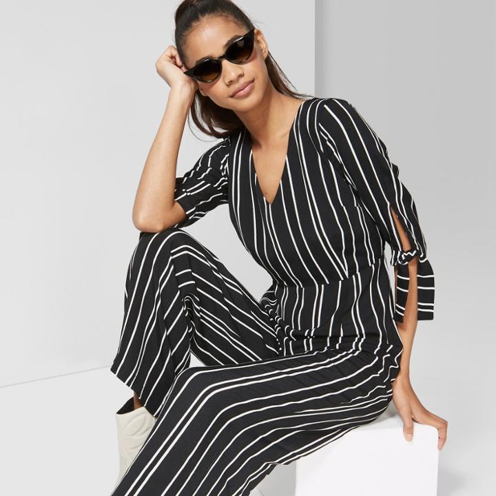 Women's Striped Tie Short Sleeve Jumpsuit - Wild Fable Black/white