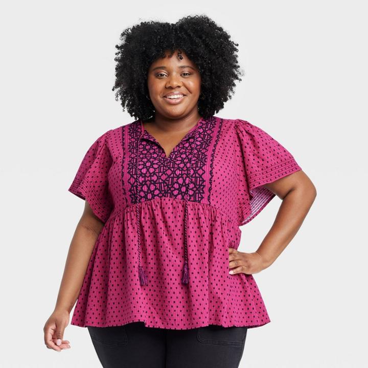 Women's Flutter Short Sleeve Top - Knox Rose Magenta Polka Dots Xxl, Pink Polka Dots