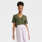 Women's Short Sleeve V-neck Drapey T-shirt - A New Day Olive Green